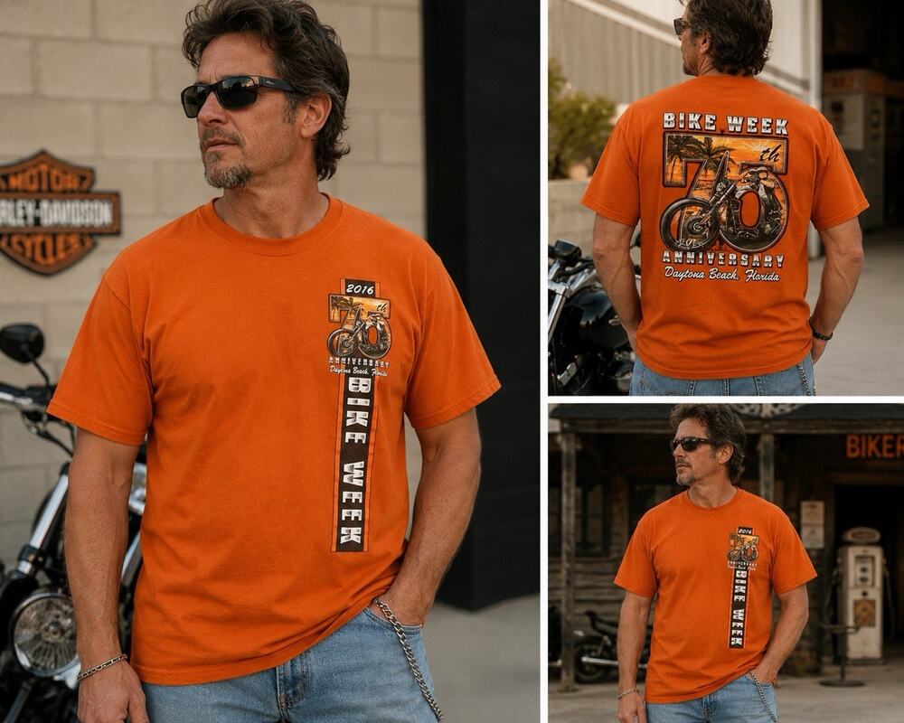 2016 Daytona Bike Week 75th Anniversary T Shirt 2XL Orange Motorcycle Biker Tee